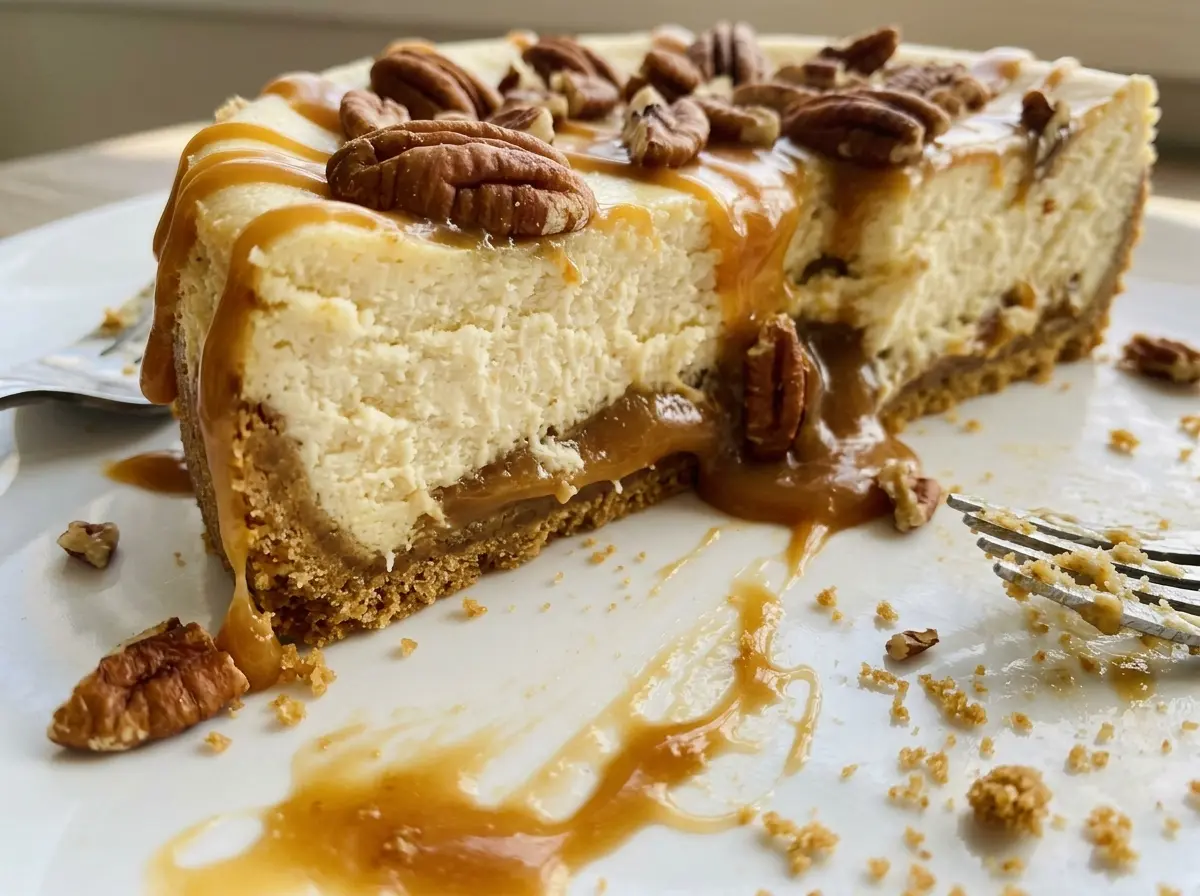 Pecan Caramel Cheesecake glossy caramel pecans