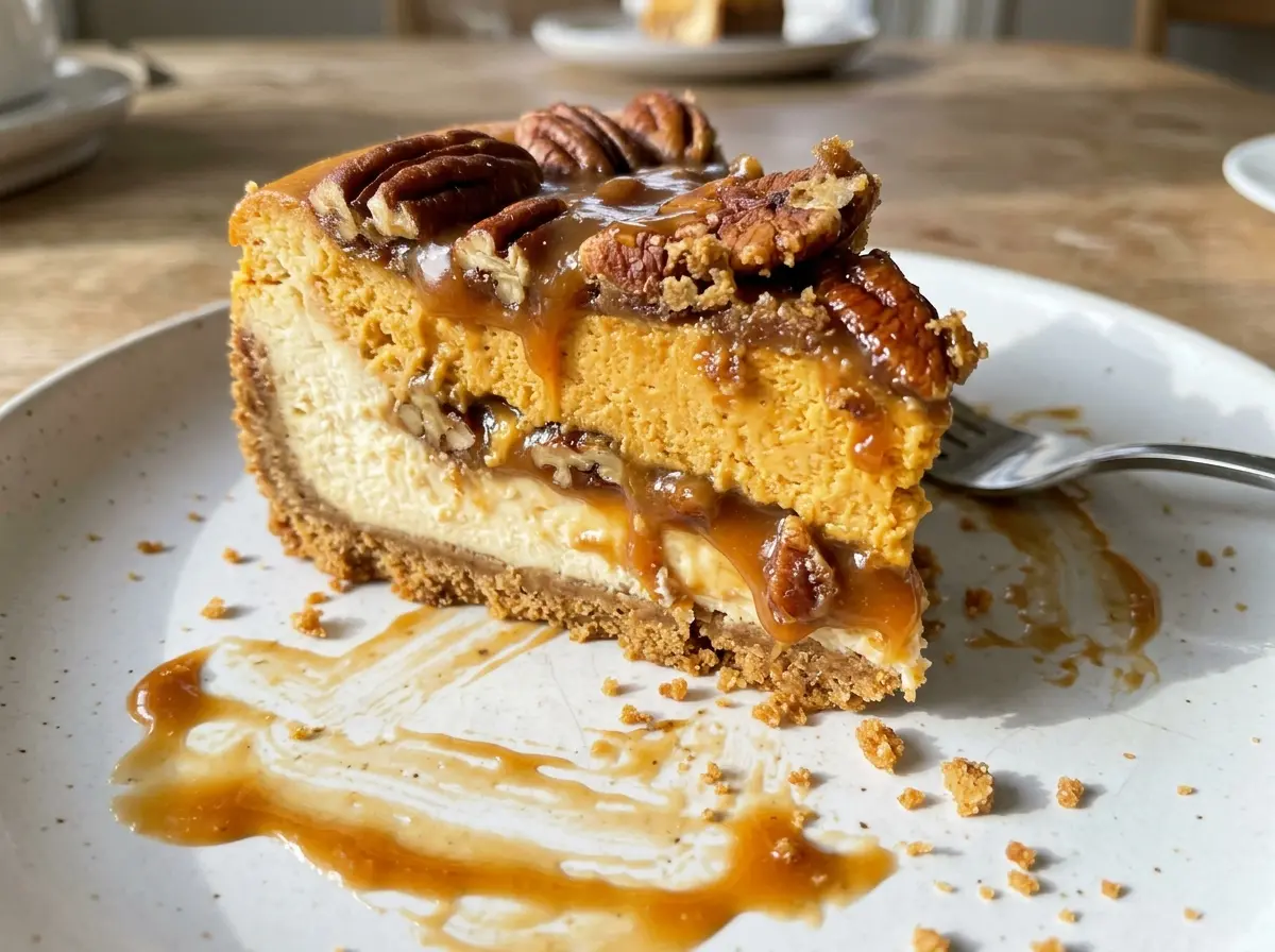 Pecan Pie Pumpkin Cheesecake with creamy layered slices