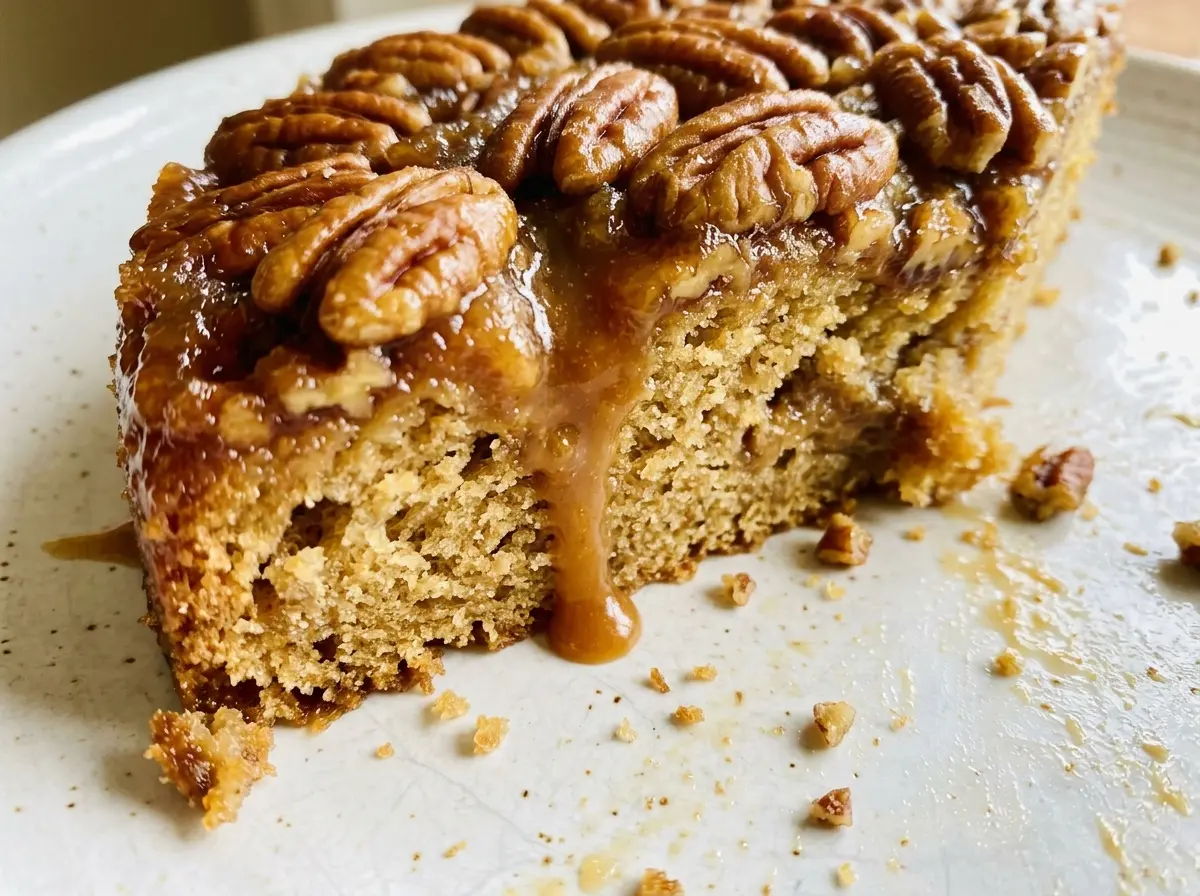 Pecan Upside Down Cake glossy pecan topping