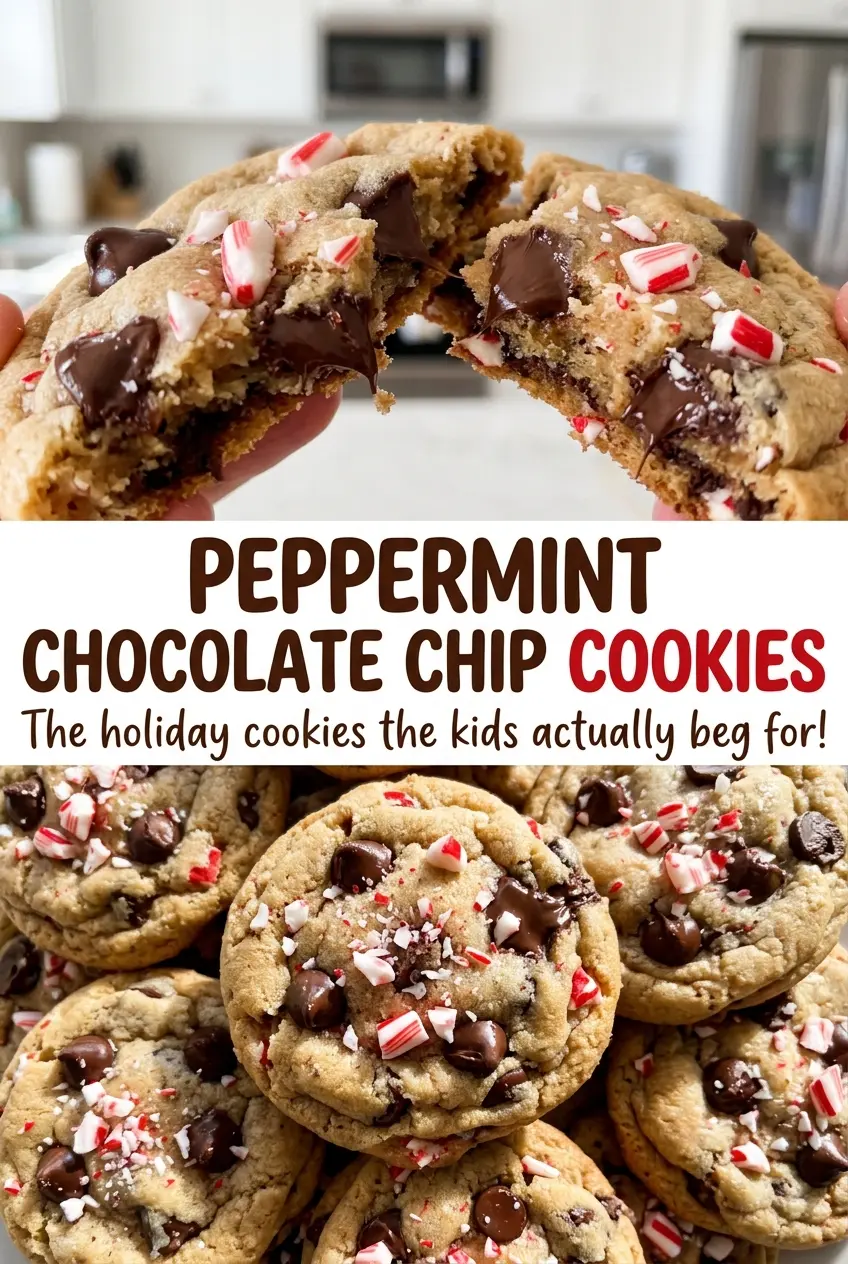 Peppermint Chocolate Chip Cookies with crisp candy pieces