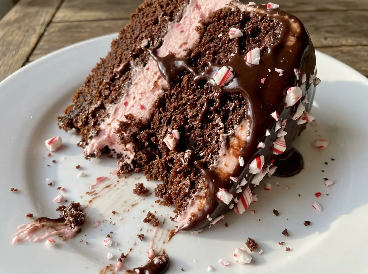 Peppermint mocha cake with frosted chocolate layers