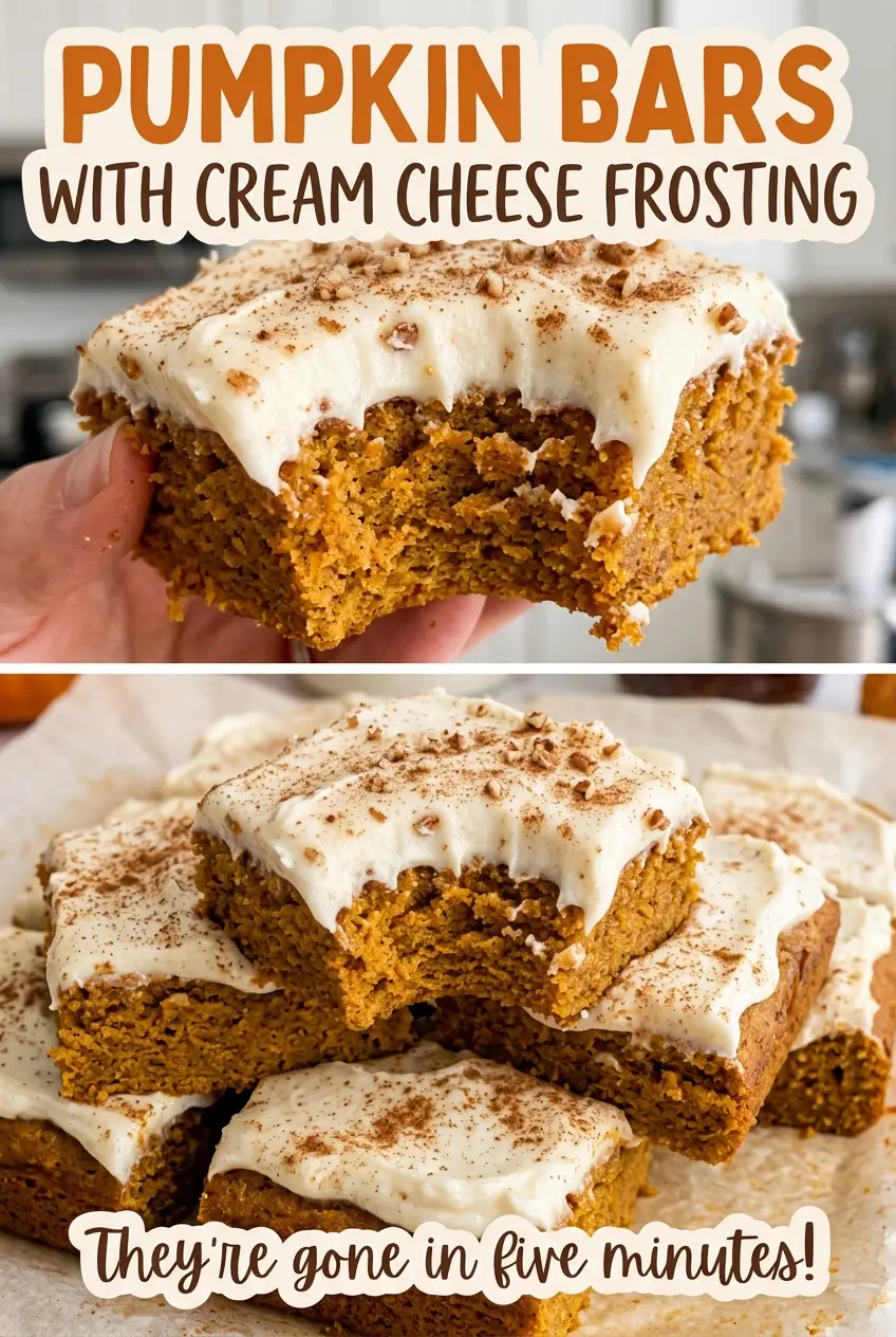 Pumpkin bars with cream cheese frosting, soft spiced squares
