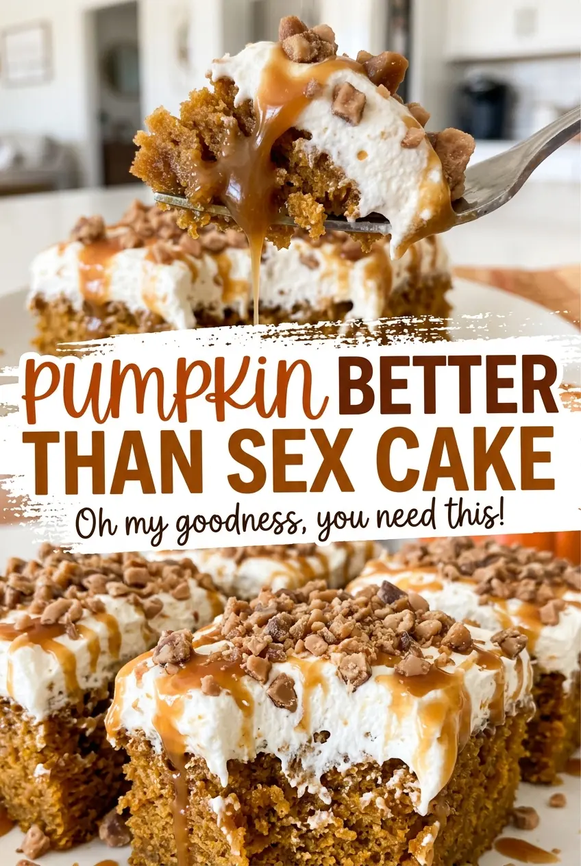 Pumpkin Better Than Sex Cake with whipped topping and toffee