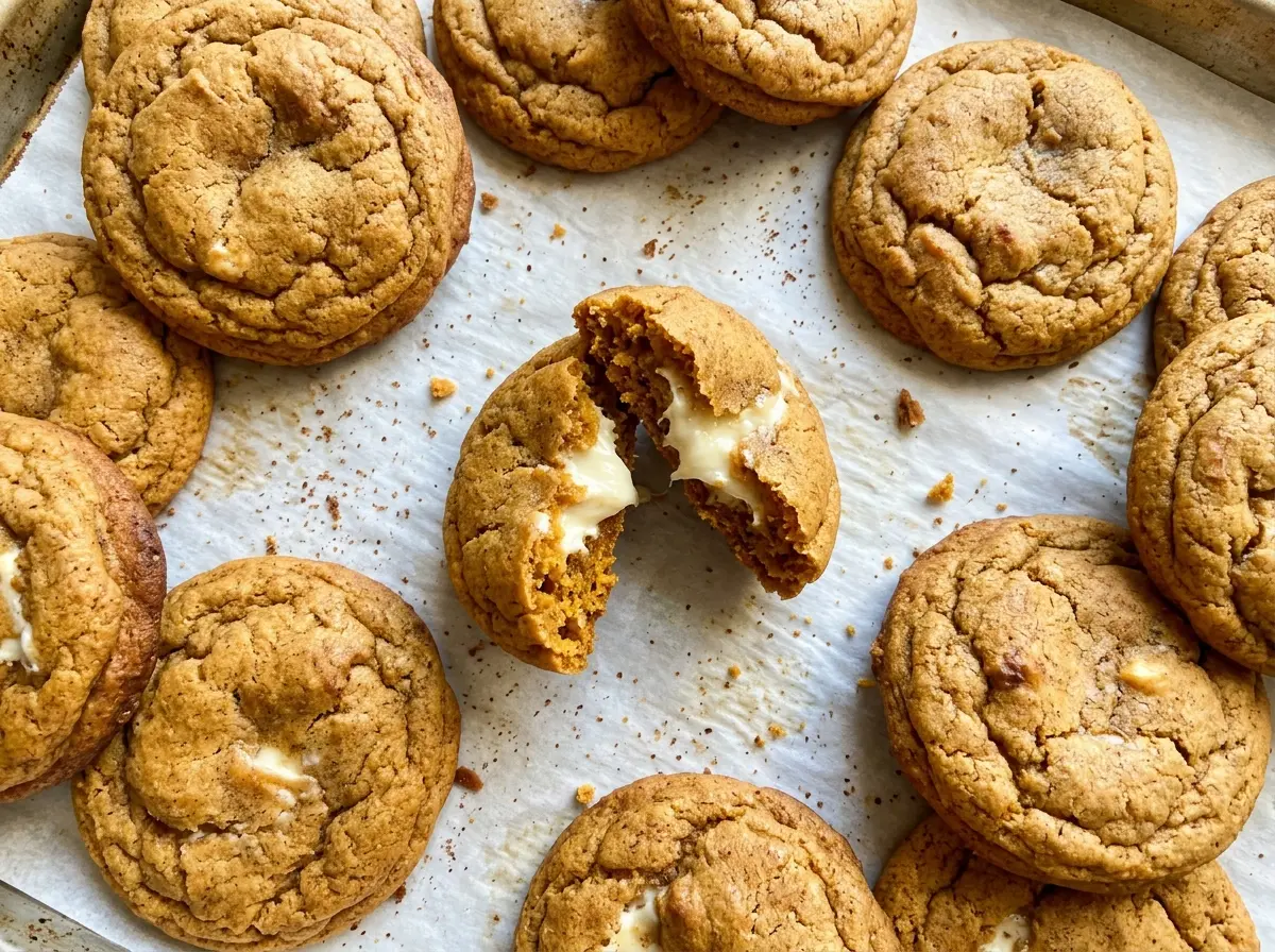 Pumpkin Cheesecake Cookies with soft centers