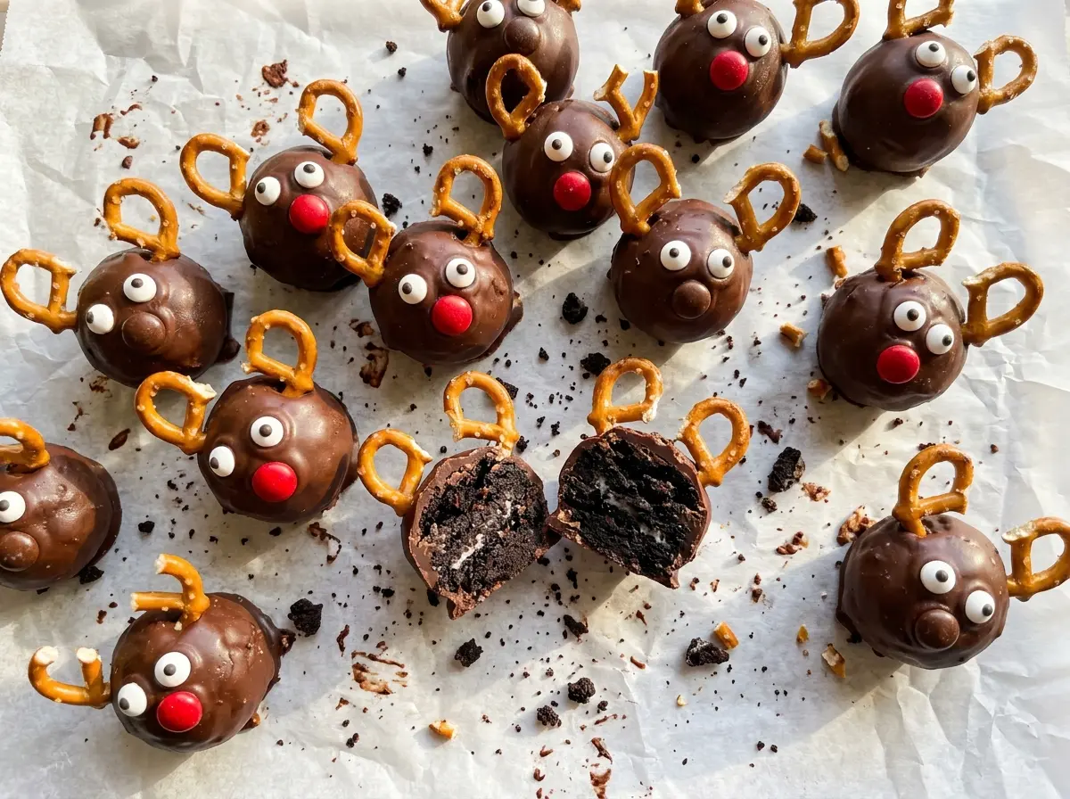 Reindeer Oreo Cookie Balls chocolate-coated festive faces