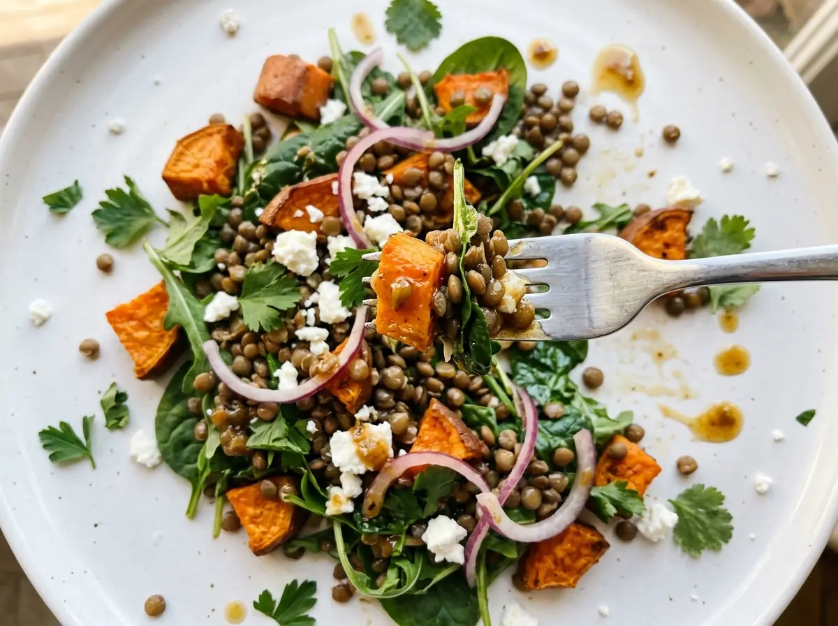 Roasted Sweet Potato Lentil Salad with golden potatoes and fresh greens