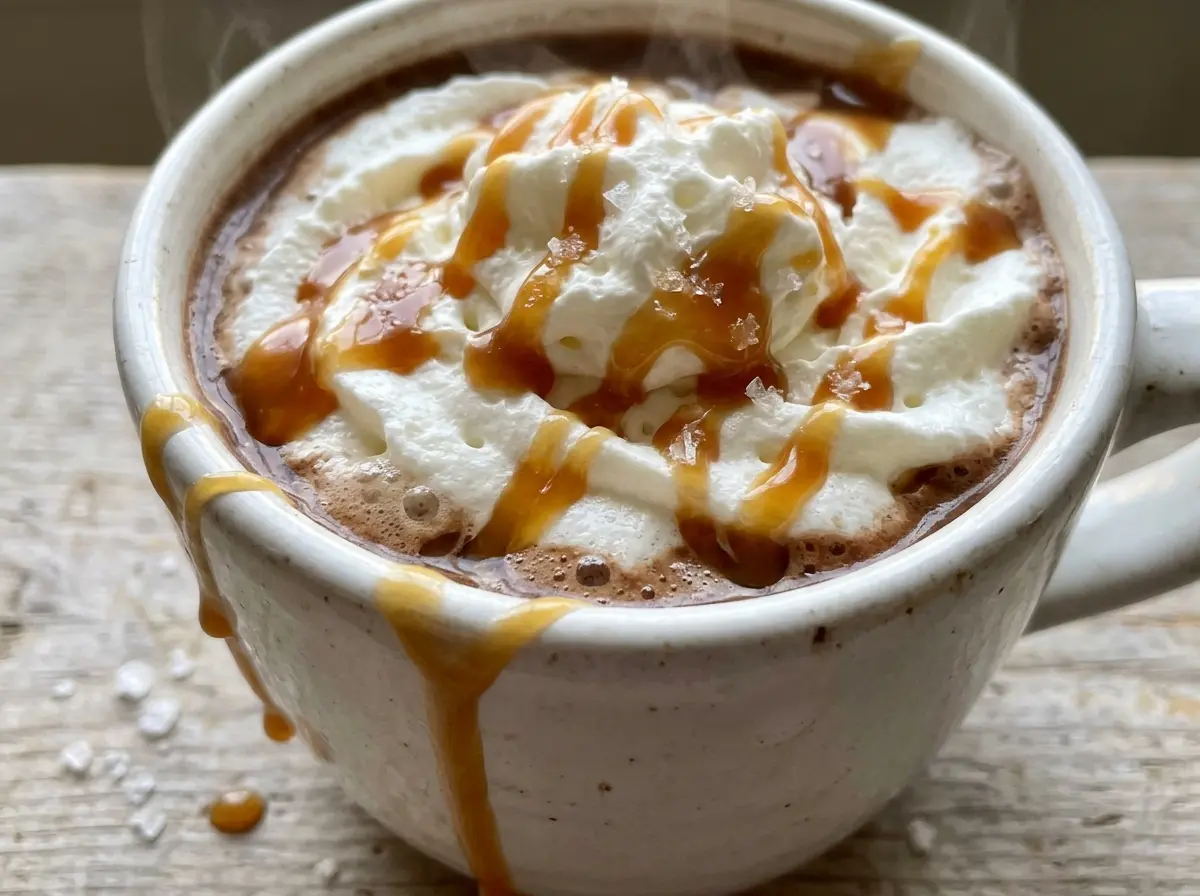 Salted Caramel Hot Chocolate in a steaming mug