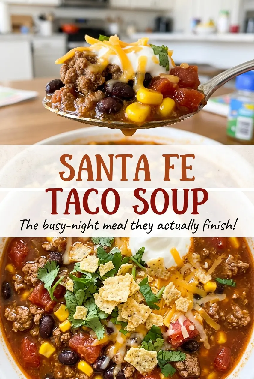 Santa Fe Taco Soup with beef, beans, and corn