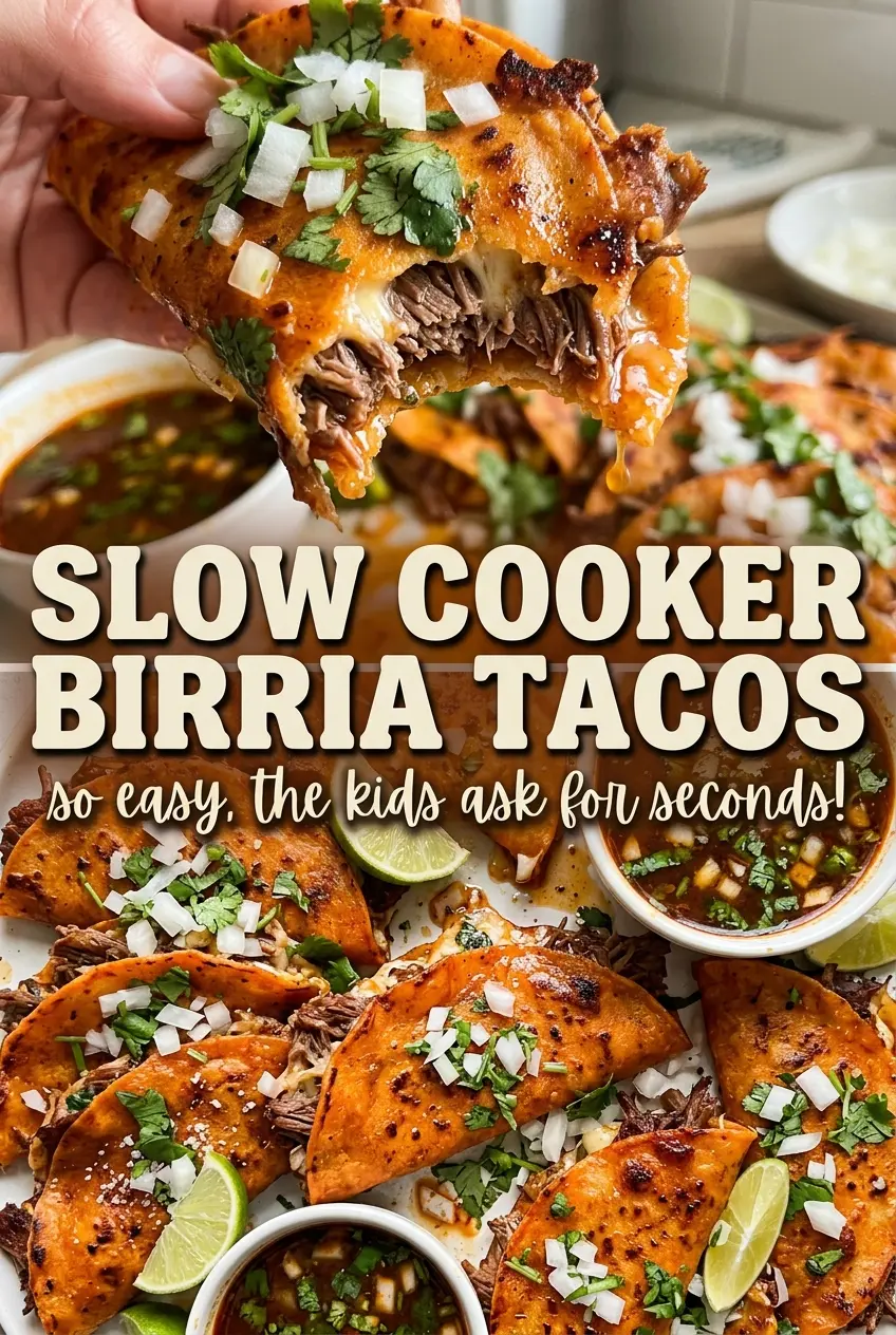 Slow Cooker Birria Tacos with crisp golden tortillas