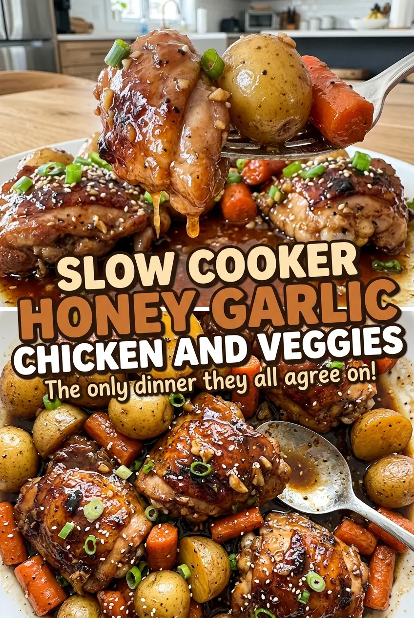 Slow Cooker Honey Garlic Chicken and Veggies with glossy sauce