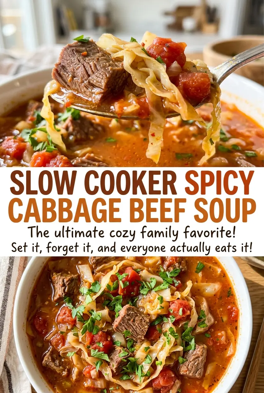 Slow Cooker Spicy Cabbage Beef Soup tender vegetables