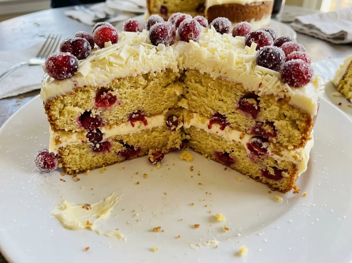 Sparkling Cranberry White Chocolate Cake, layered and frosted