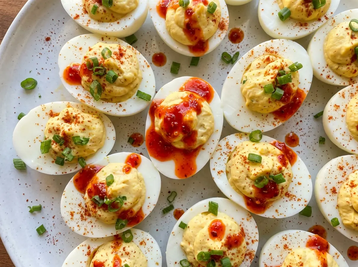 Spicy Chili Garlic Deviled Eggs, creamy and speckled