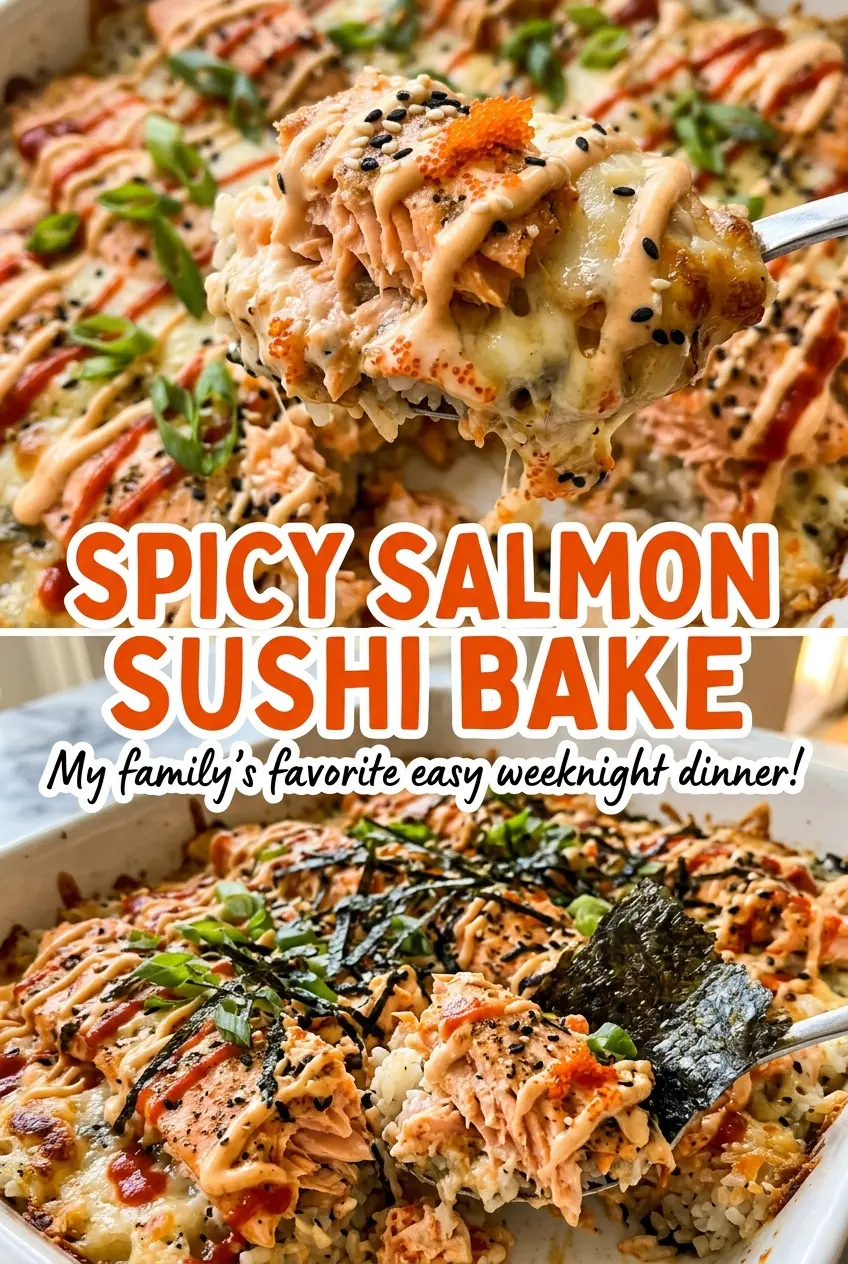 Spicy Salmon Sushi Bake with tender rice and salmon