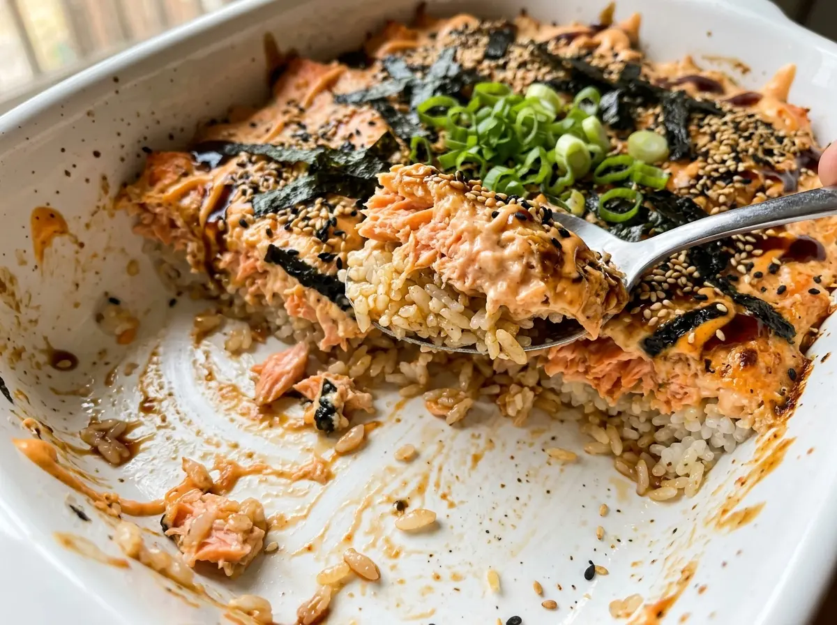 Spicy Salmon Sushi Bake with creamy, furikake-topped layers