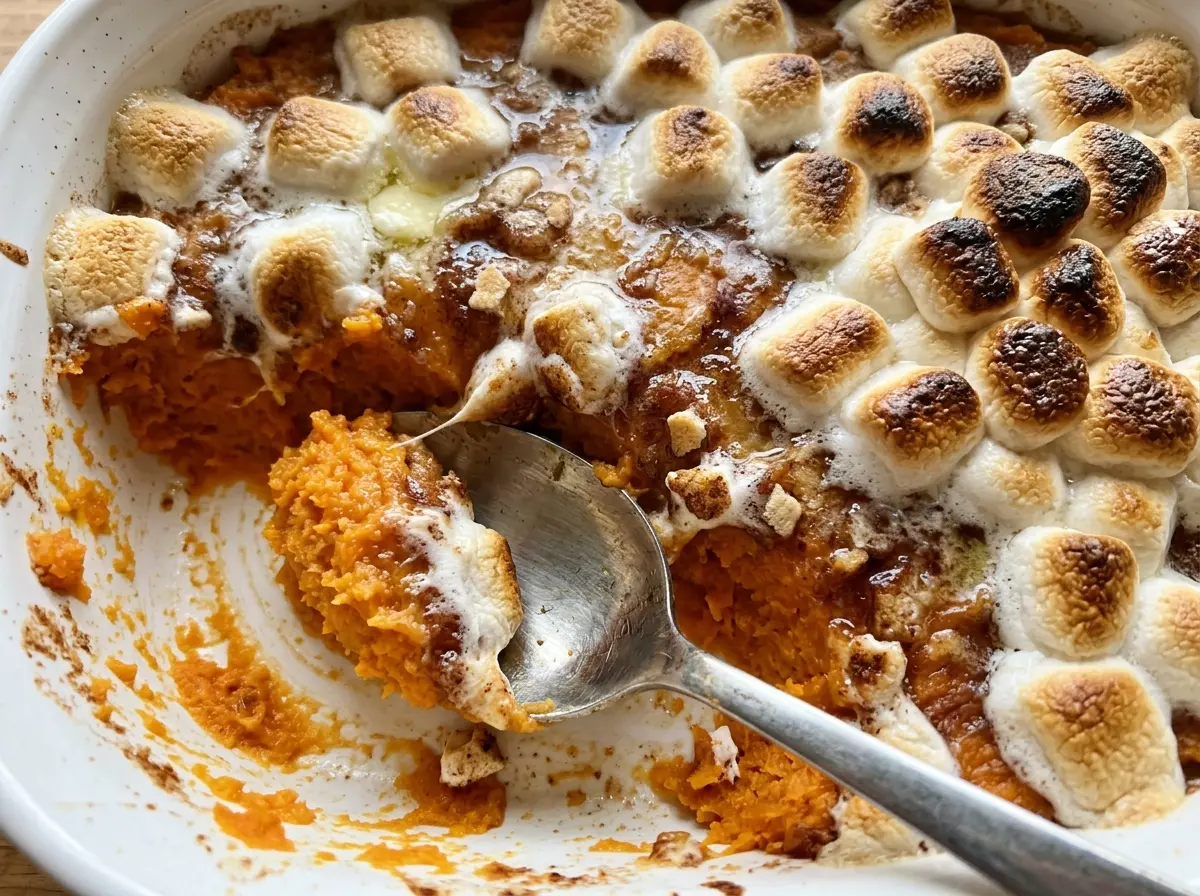 Sweet Potato Casserole with golden pecan topping