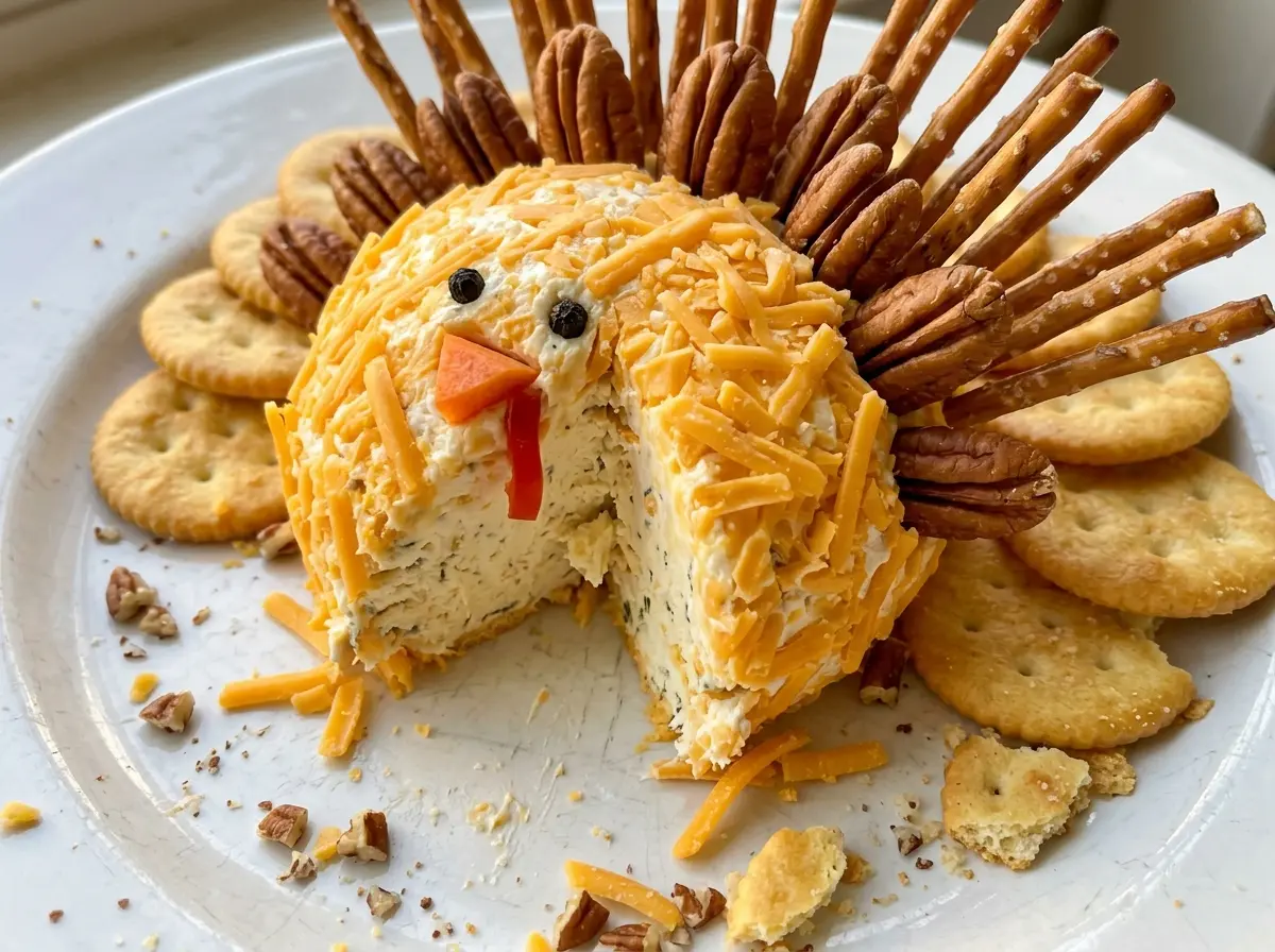 Thanksgiving Turkey Cheese Ball pecan-covered festive centerpiece