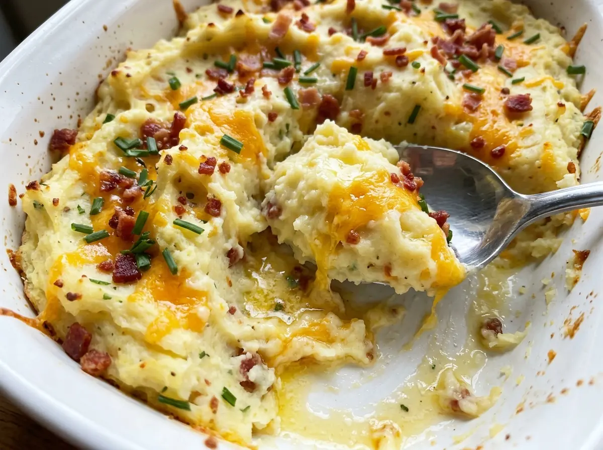 Twice Baked Mashed Potatoes cheesy bacon topping