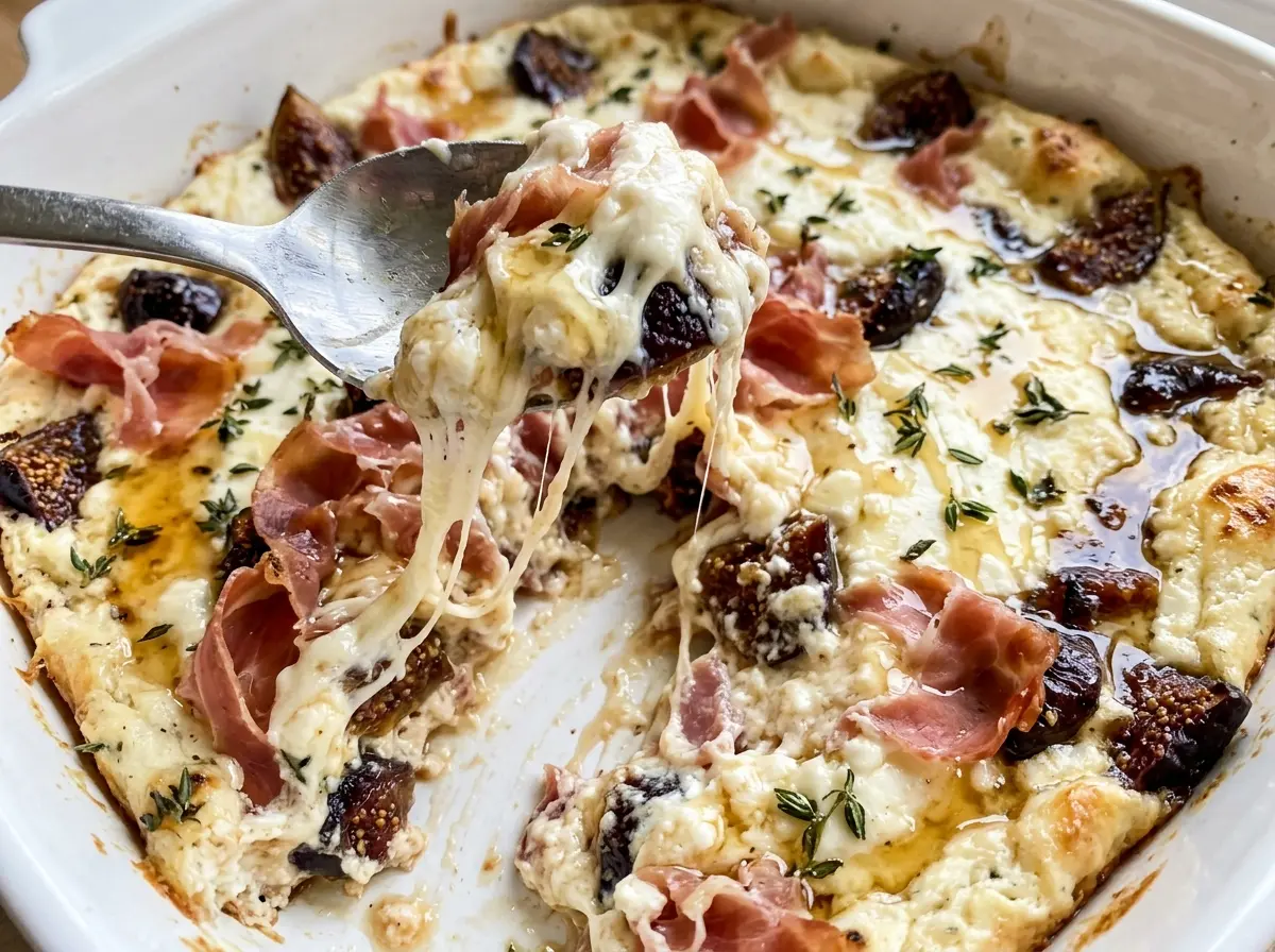 Warm Fig and Prosciutto Goat Cheese Dip with golden bubbly edges